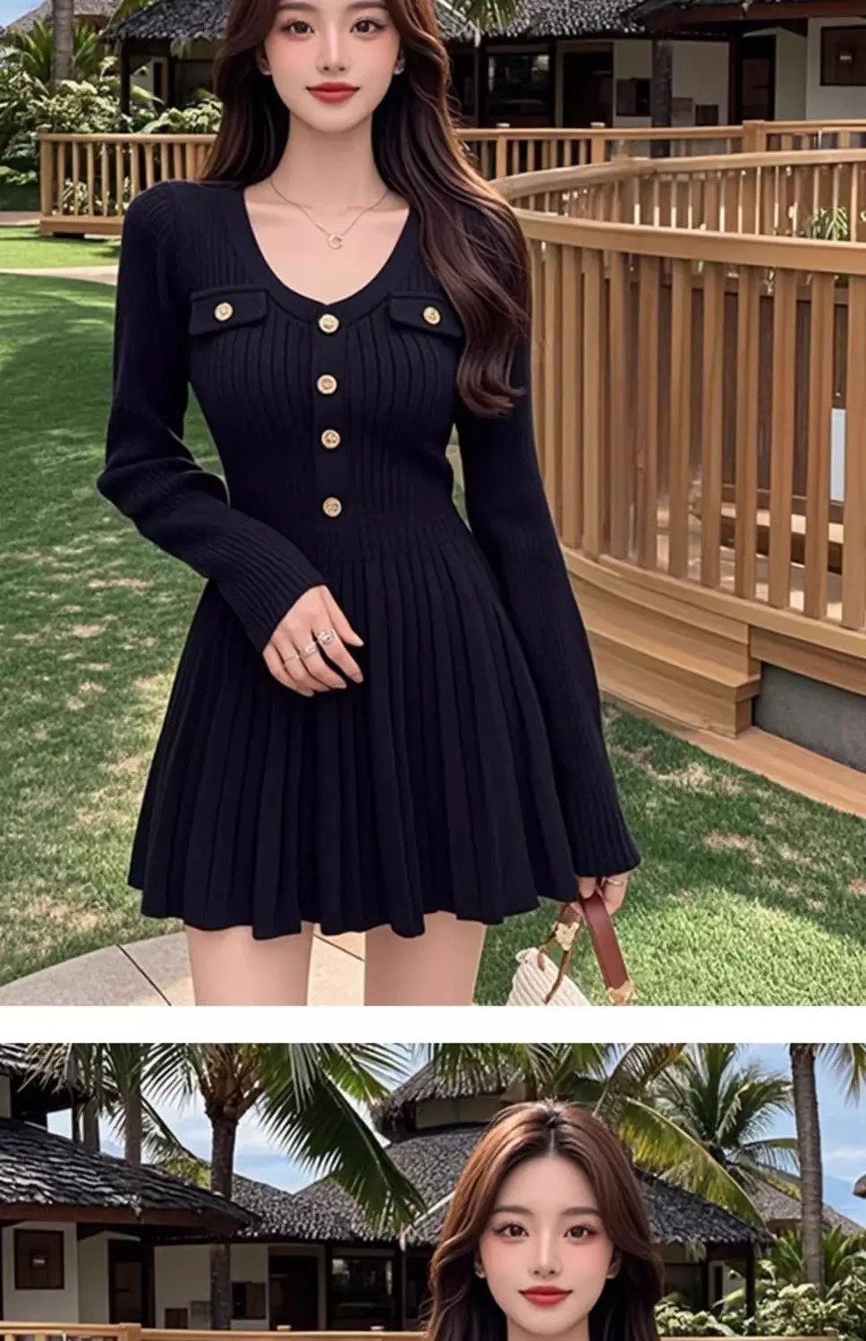 Knitted Dress with Waist-hugging Temperament Single-breasted Long-sleeved V-neck Color-blocking Short Skirt for Women 250725