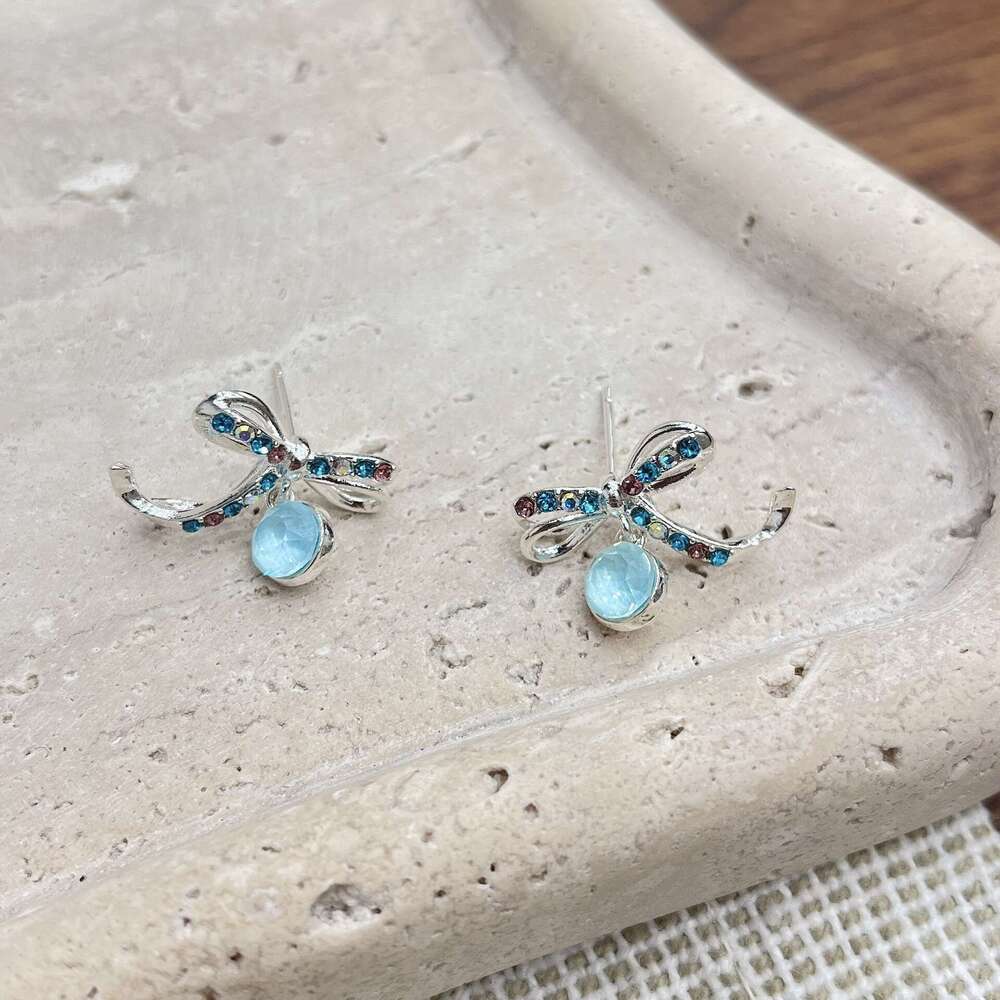 TikTok French Light Style Colorful Dia Bow Zircon Earrings Niche High-End Atmosphere 0e7