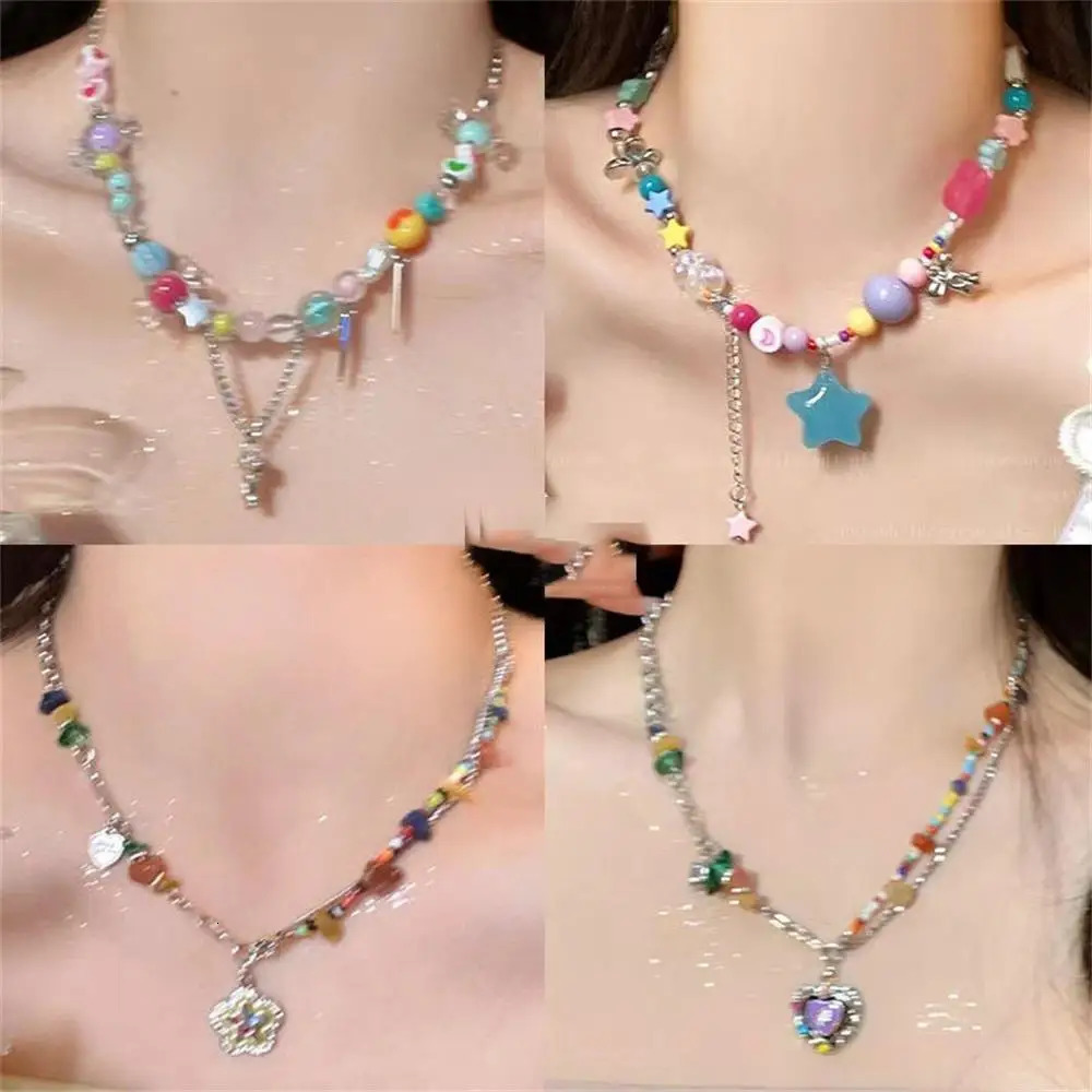 Y2k Rainbow Candy Beaded Choker Necklace Women Boho Beads Cherry Pendant Necklaces Vintage Irregular Girl Necklace Jewelry Gifts 250729