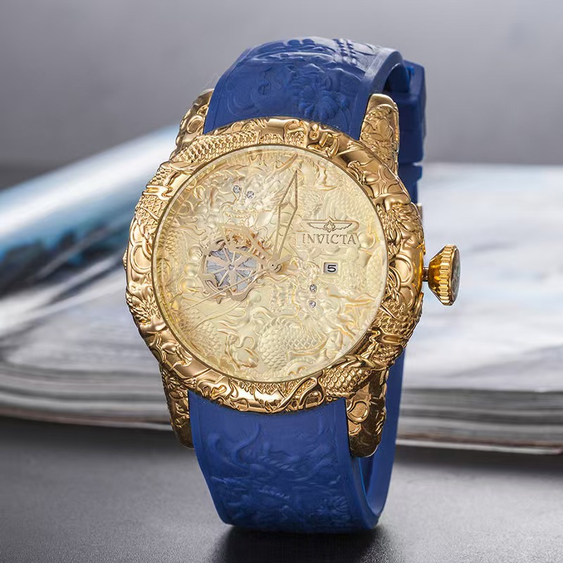 Rose Gold Dragon Relief Watch | Blue Silicone Strap, Date Window | Men's Fashion Timepiece Men's watch silicone watch