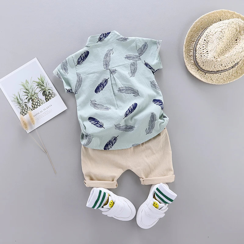0-3 Year Old Baby Summer Feather Print Shirt Short Sleeve Suit 250729