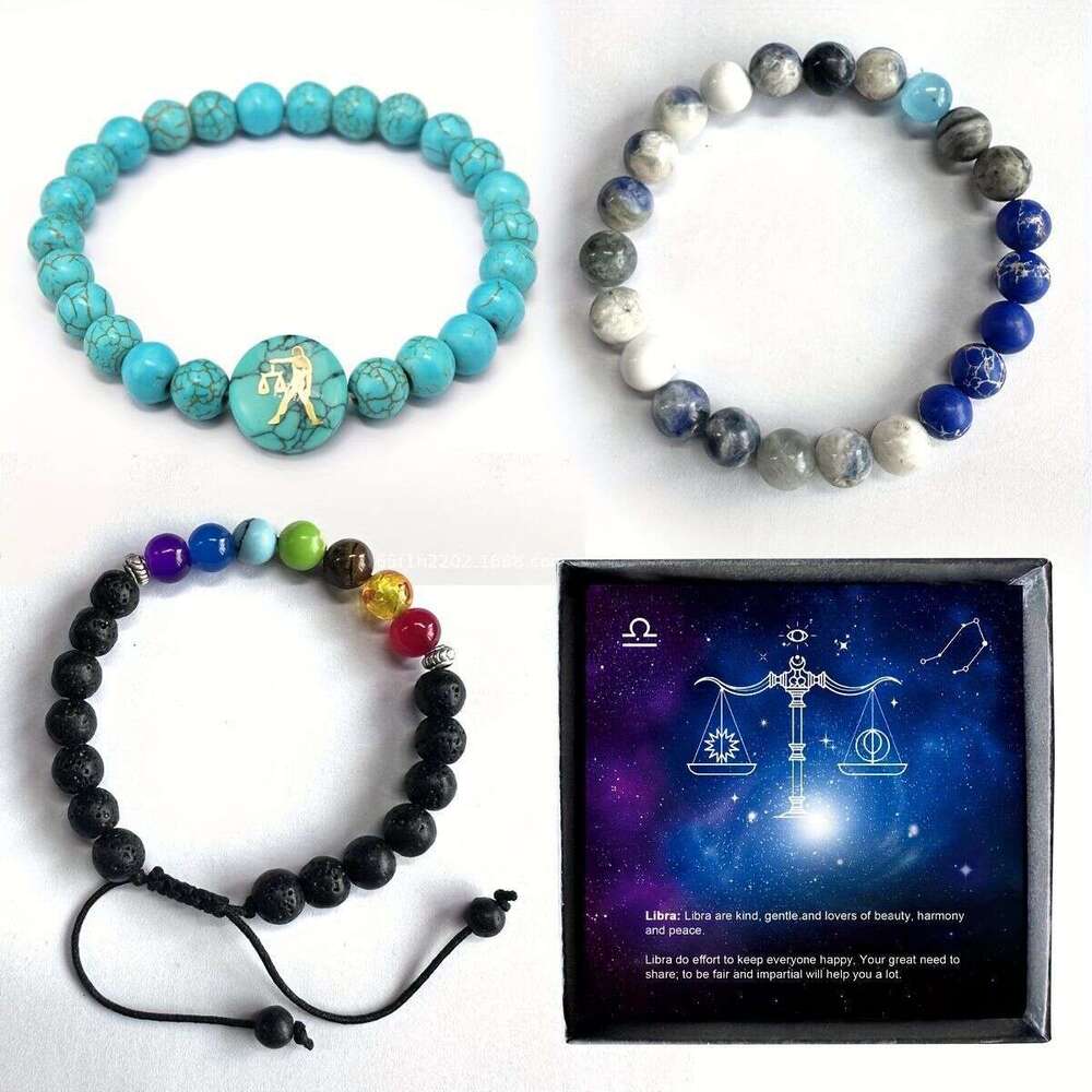 Natural Blue Turquoise Creative 12 Constellation Personality Fashion Round Bead Bracelet Jewelry