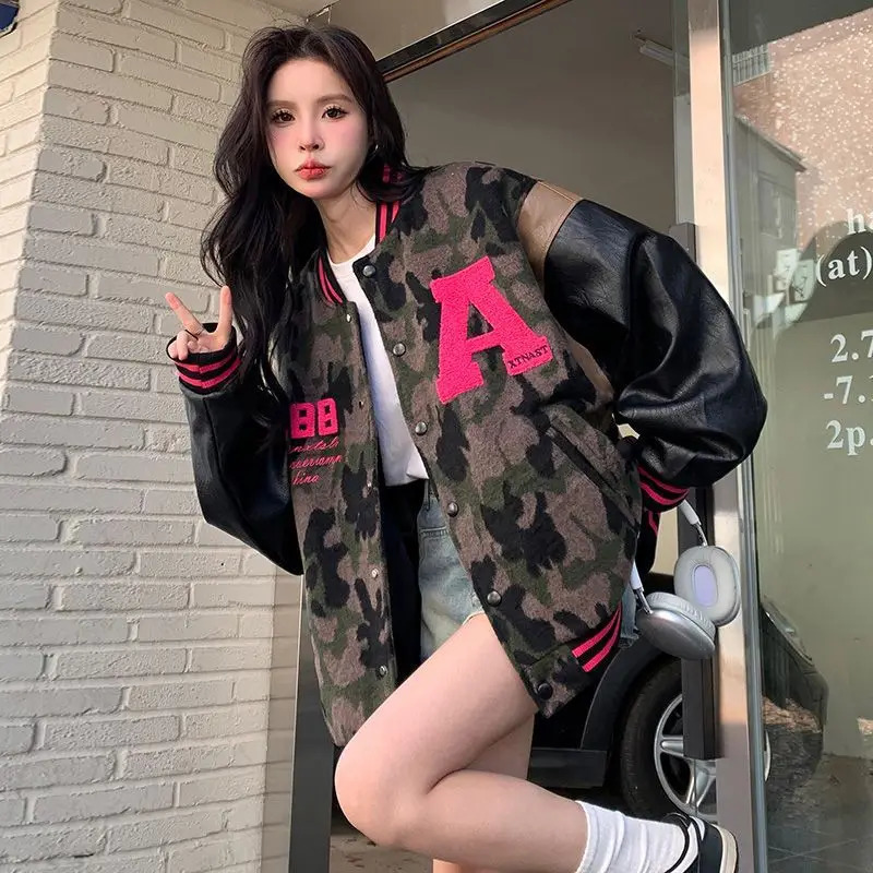 Camouflage Student Loose American Retro Baseball Jacket ed Letter n Vintage for Girls 250730