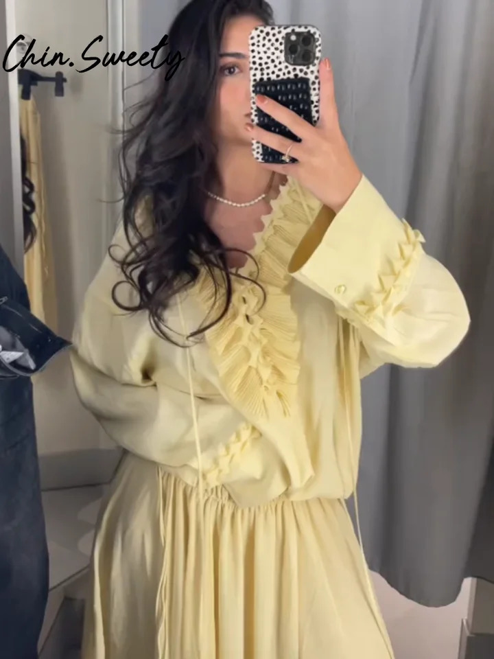 Spring Summer Vacation Womens Casual Solid Shirt Skirt Set V-neck Lace Up Shirts Ruffles Top Pleated Skirts Lady Suit 250725