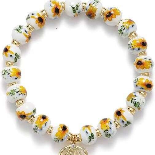 MAMA Other Letters Blue and White Porcelain Gold Beads Elastic Beaded Bracelet