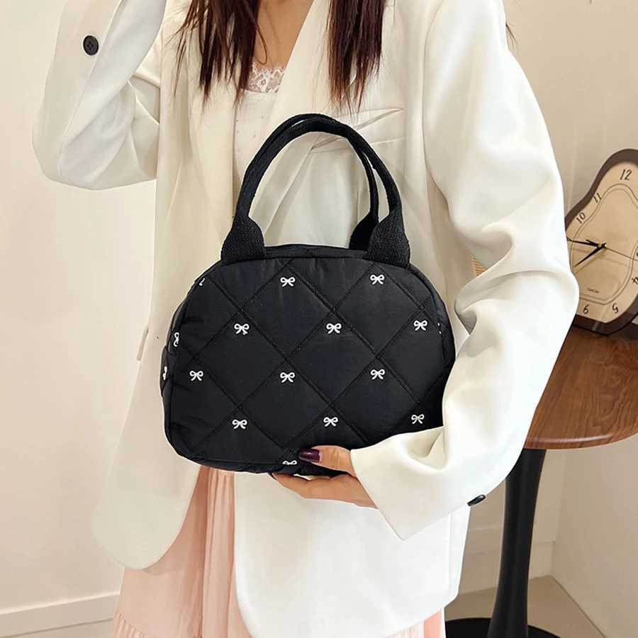 Stitching Embroidery Butterfly Knot Handbag Korean Style Soft Cotton Commuter Lunch Box Bag Student Handheld Bag Pouch Y250729