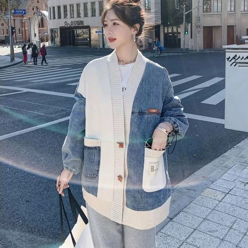 Oversized Womens Denim Coat Autumn n Sense Loose Baseball Jacket Top Fashion Female Sweater Patchwork Outerwear 4XL 250730