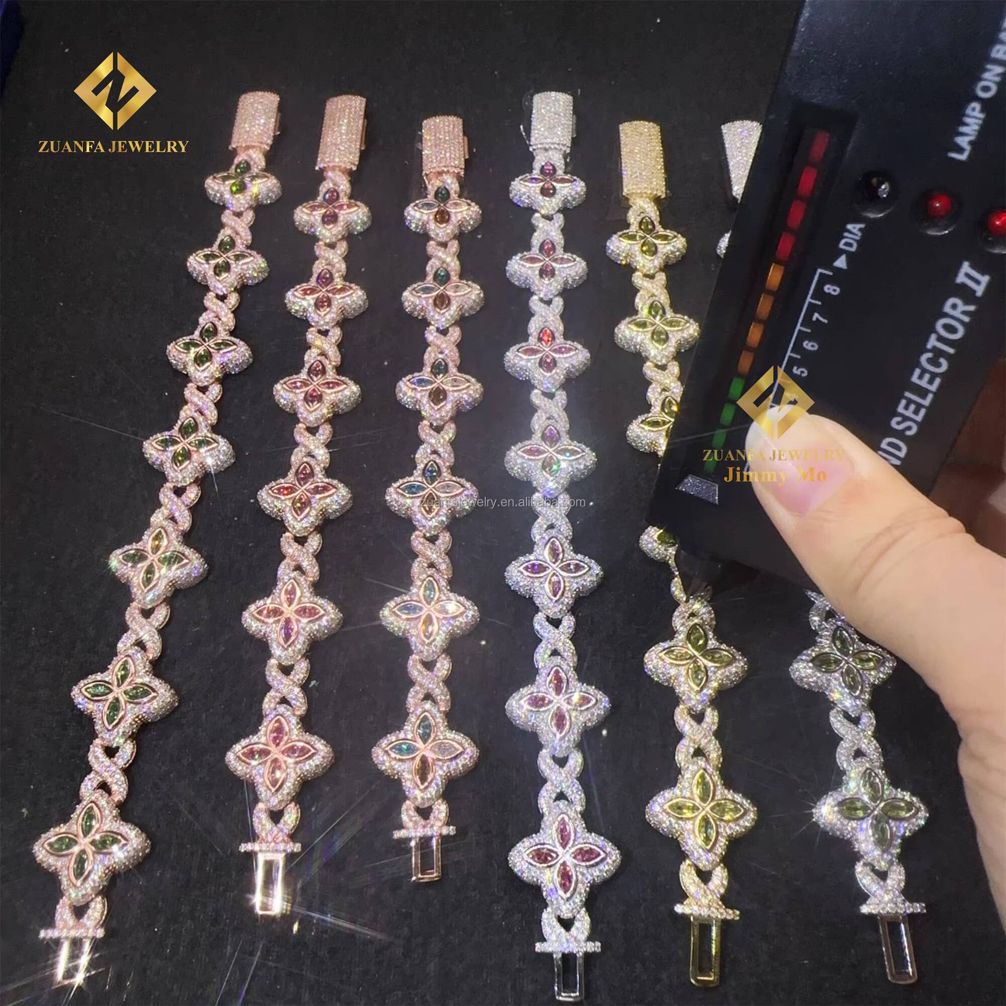 Fashion Jewelry New Arrivals Iced Out Hip Hop Jewelry S925 Silver Moissanite Diamond Four Cleef Clover Cuban Bracelet Men