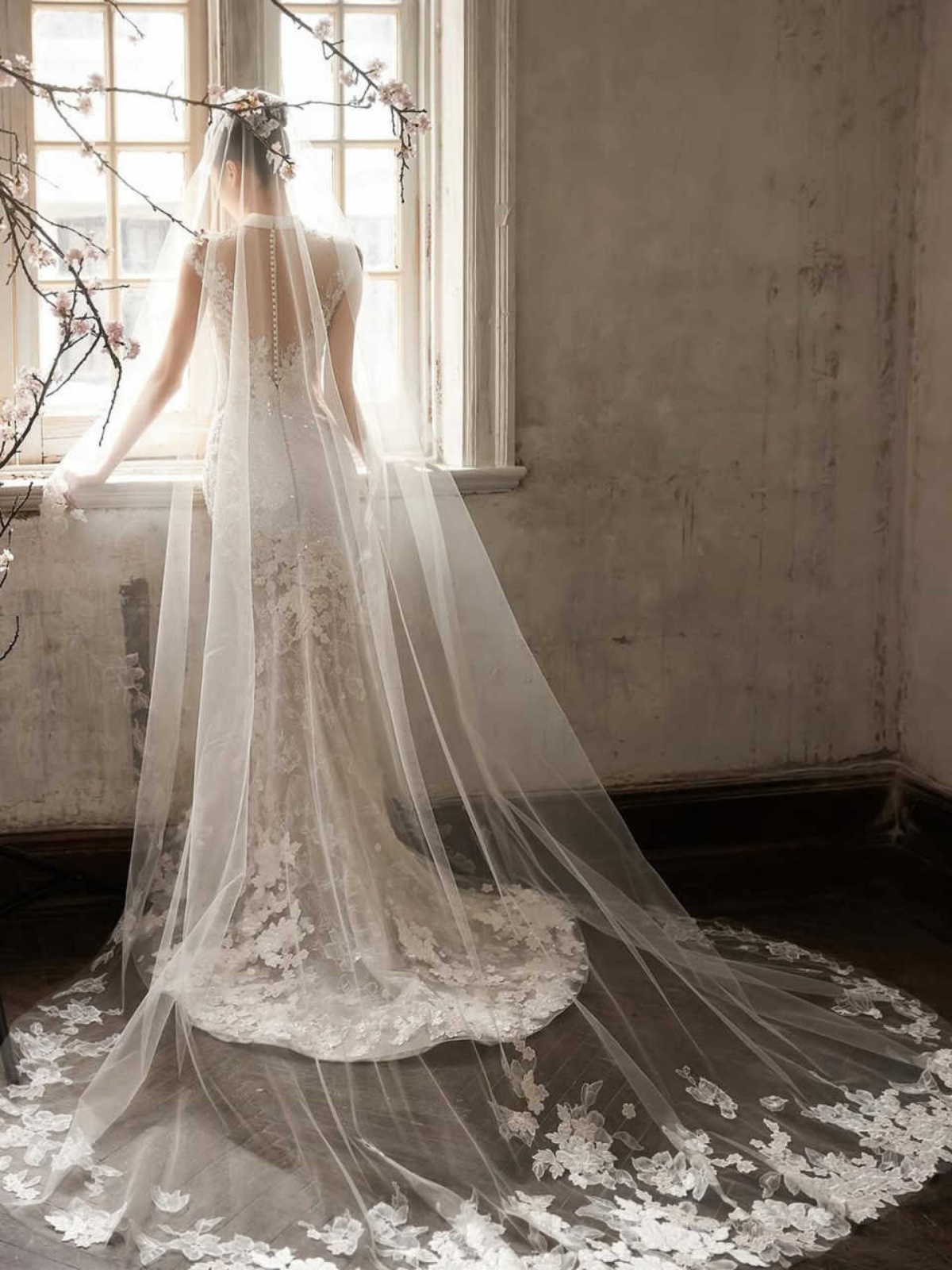 Tulle Lace Appliques Bridal Veil Long Cathedral One Layer Women Party Trailing Veil Wedding Accessories Customized