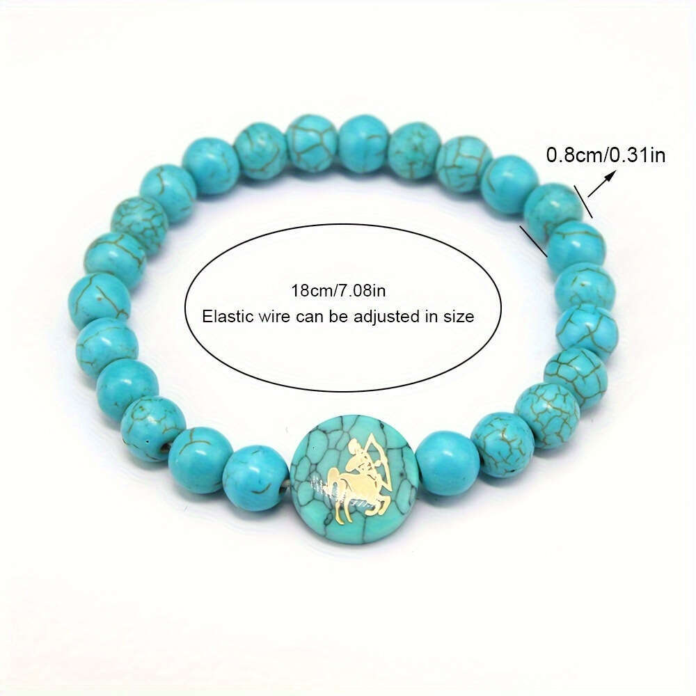 Natural Blue Turquoise Creative 12 Constellation Personality Fashion Round Bead Bracelet Jewelry