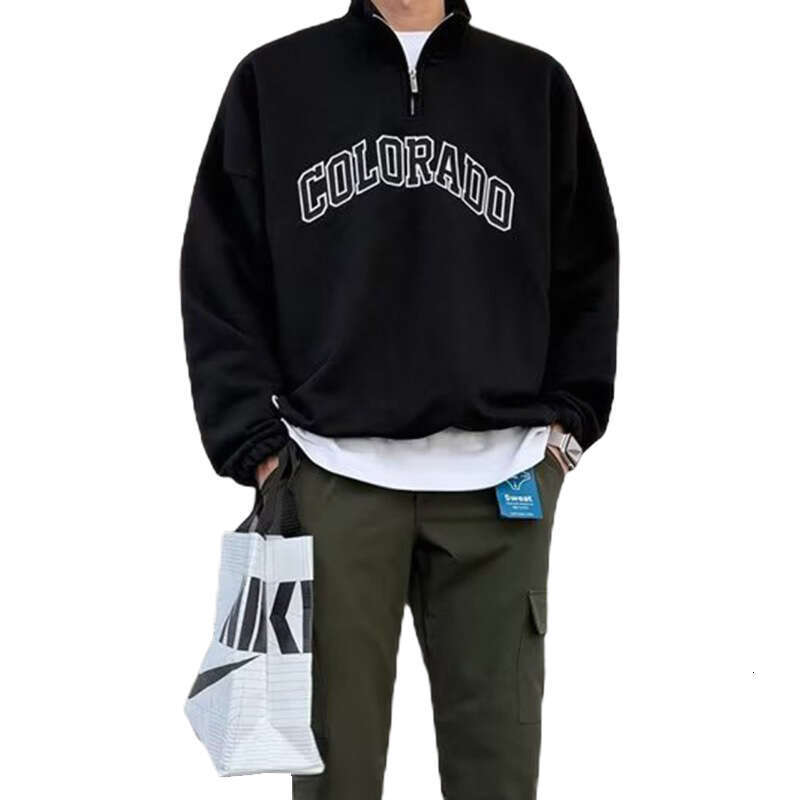 Large Size Half-Zip Sweatshirt for Men, Trendy Brand with Letter Print, Spring and Autumn Long Sleeve Jacket