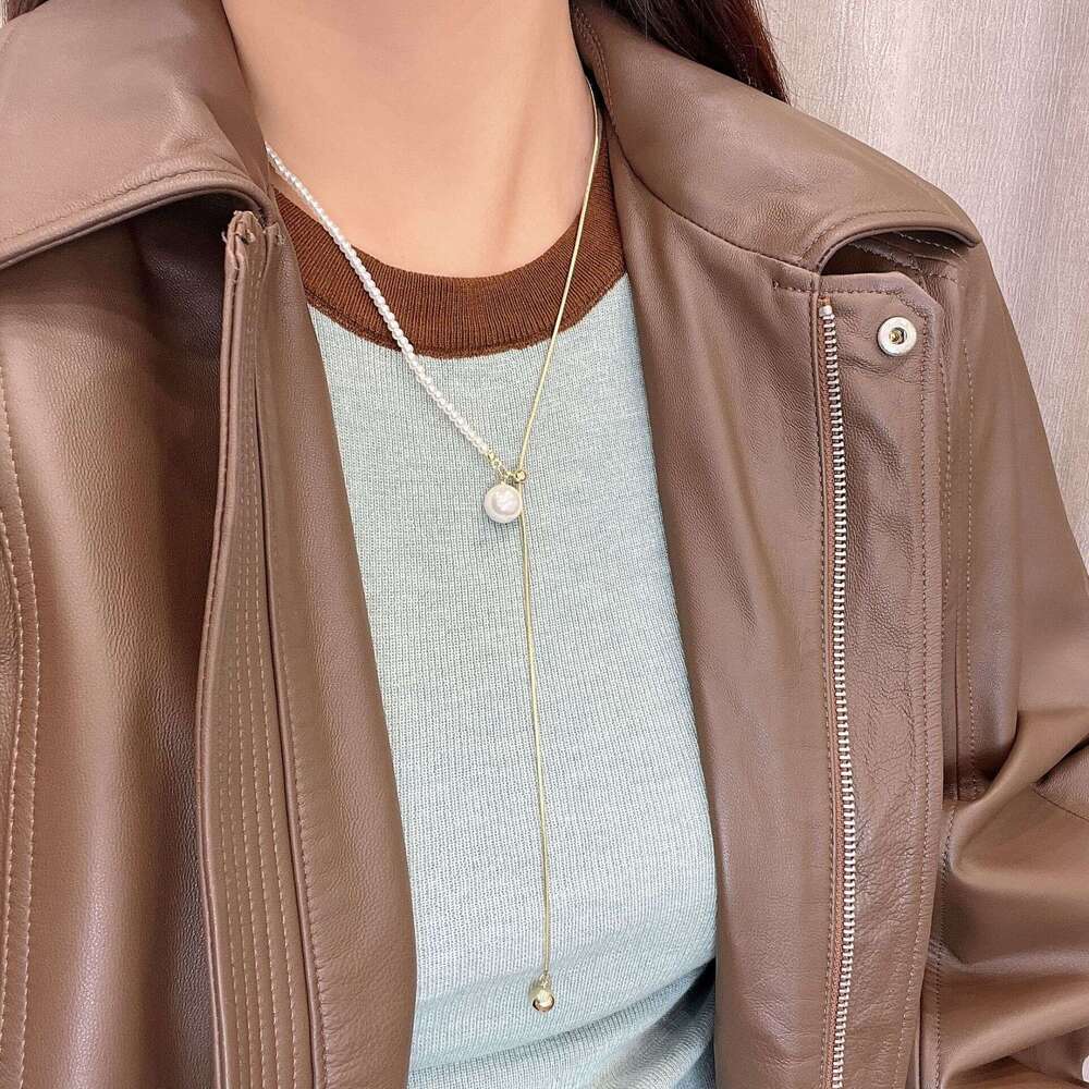 Autumn Winter Sweater Chain Long Pearl Round Bead Necklace Accessories for Women Light Niche High-end Asymmetrical 2024 New Model aab