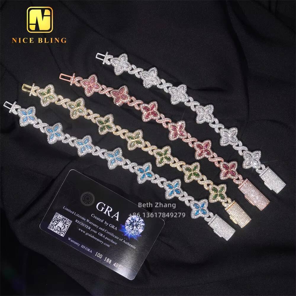 New Arrival Colorful Natural Gemstones Cuban Link Bracelet Fashion Hip Hop Jewelry Silver Marquise Moissanite Cuban Bracelet