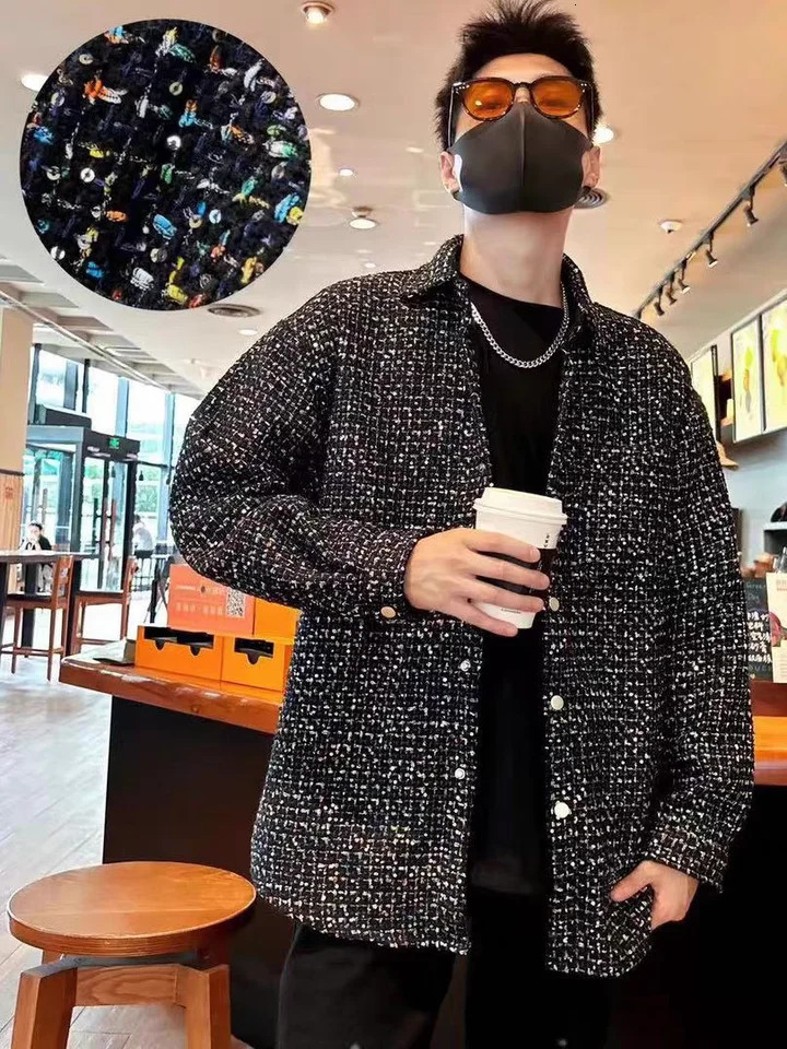 Autumn fragrance knitted Jacquard sequined shirt jacket mens trend handsome personality fashion lapel loose 250730