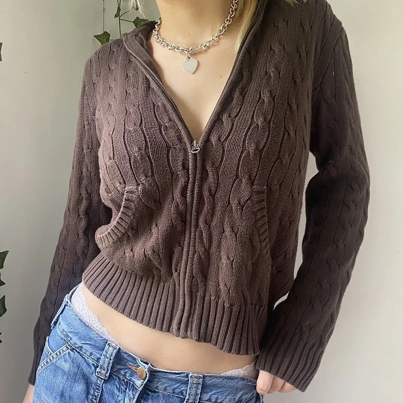 Vintage Brown Y2K Hooded Sweaters Women Autumn Winter Lantern Sleeve Zip Up Jacket Knitted Hoodies Cropped Cardigan Top 250730
