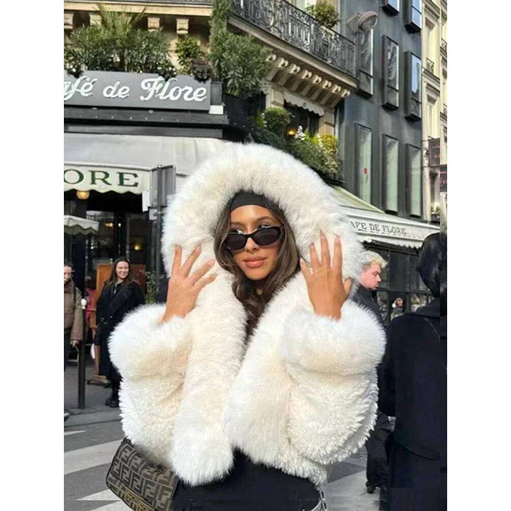 ZADORIN High Quality Coats Hooded Cropped White Black Faux Coat Woman Clothing Fluffy Fur Jacket Winter Outerwears
