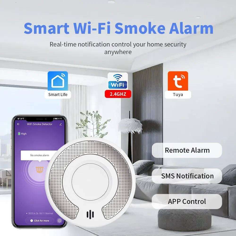 Wireless Interlinked Smoke Alarm Detector Sealed 10-Year Li-Battery, WiFi Alarm with Tuya APP Control, CE En 14604, V-Come, VS03F