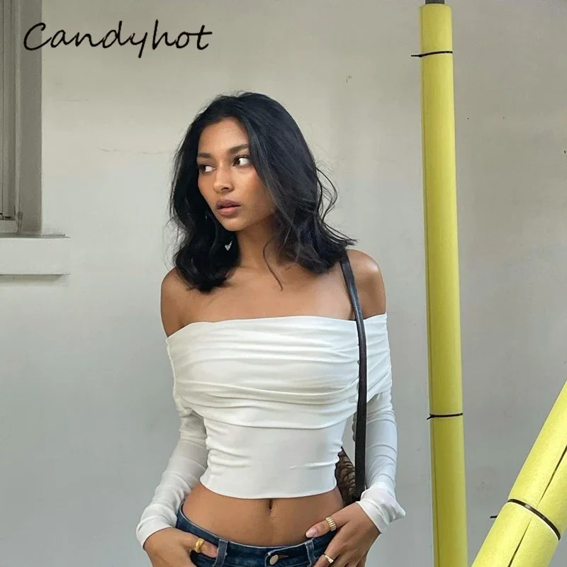 Candy Sexy Off Shoulder Ruched Solid Crop Tee Fashion Casual Long Sleeve Tees Daily Outdoor Dating Wear Ladies Tops 250729