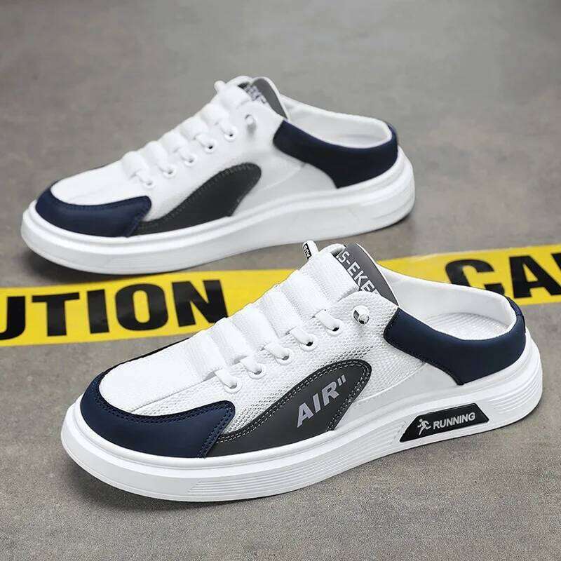 Men's half slippers summer slip-on mesh heelless platform sole bag toe hole trendy casual fashion versatile shoes