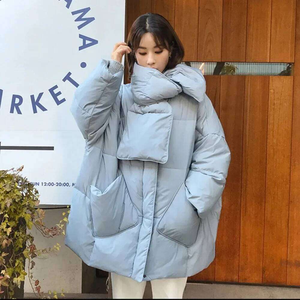 Designer Clothing 2025 Women White Duck Down Coat 2024 Winter New Fashion Female Scarf Oversize Jackets Round Neck Loose Thicken Parkas Warm Outwear