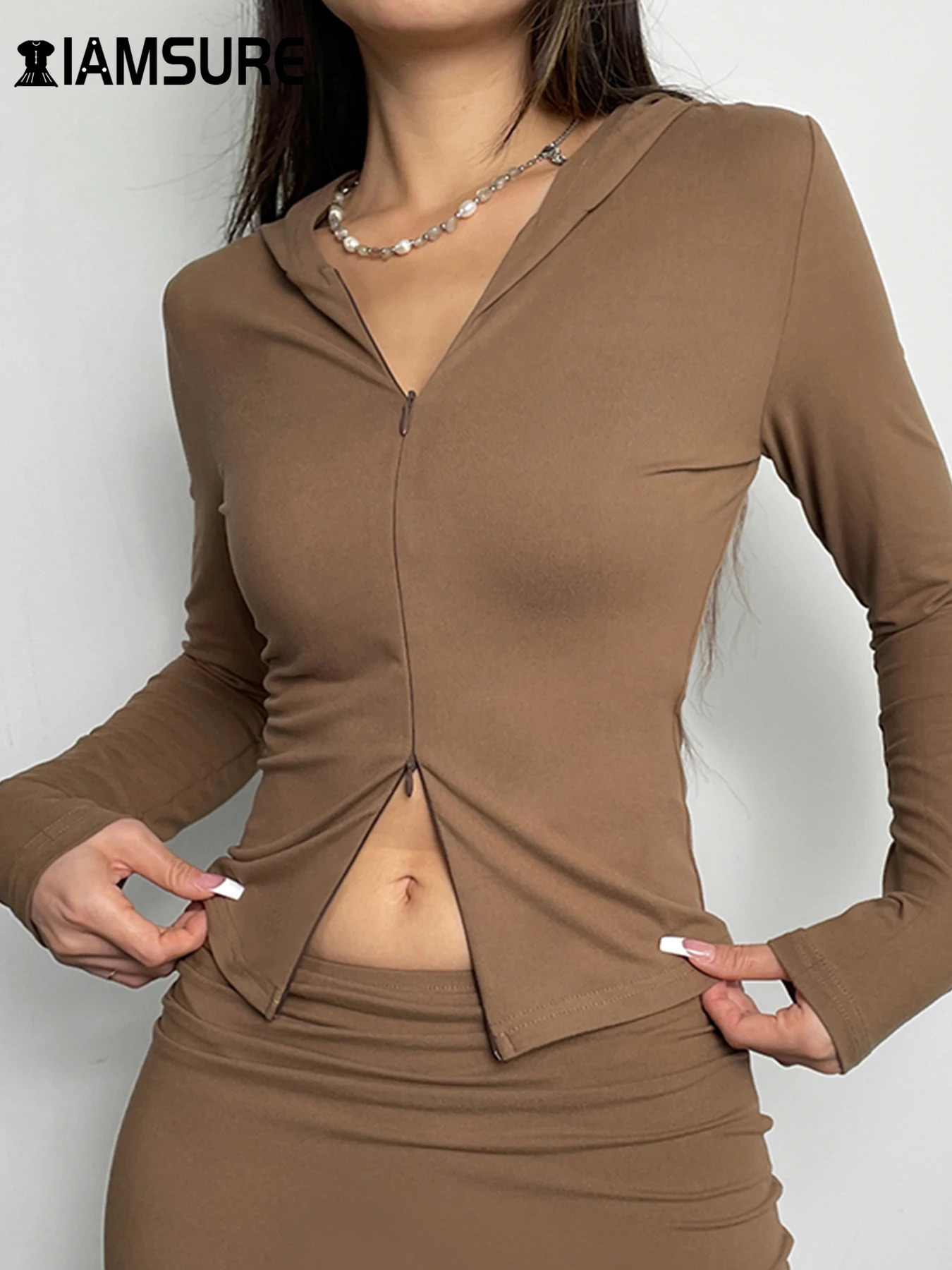 iamsure Basic Solid Hooded Zipper Cropped T Shirt Slim Deep VNeck Long Sleeve Tees Women Autumn Winter Fashion Streetwear 250729