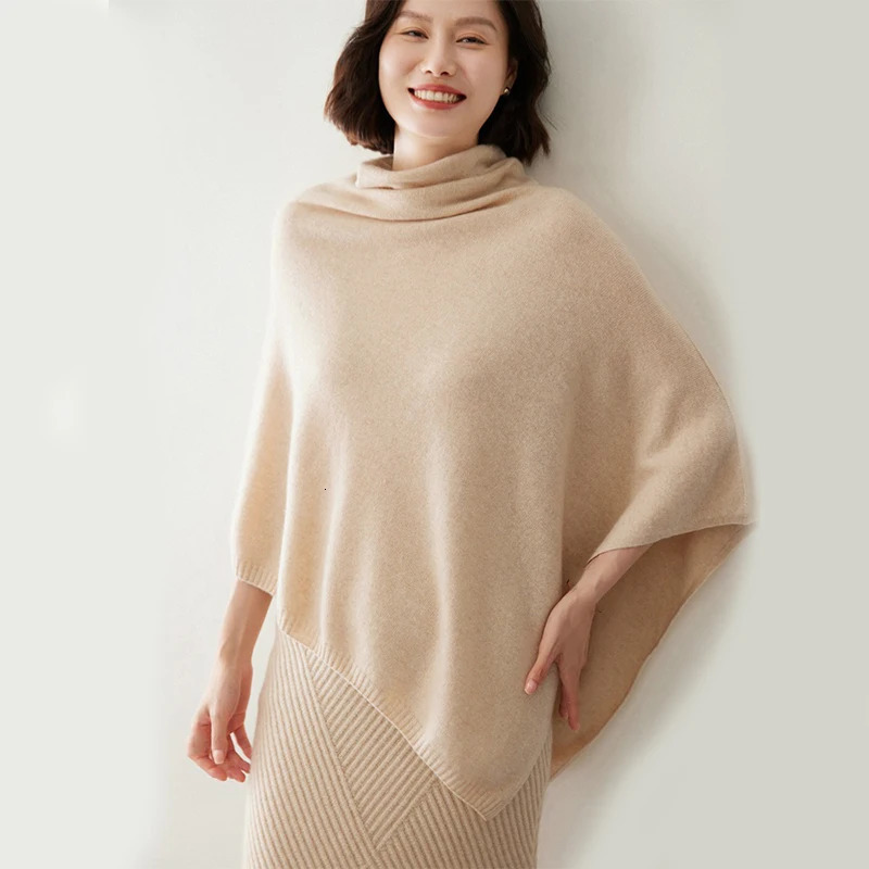 Turtleneck Cashmere Poncho Pullover Shawls 100% Wool Knitted Irregular Cloak Fashion Soft Warm Woolen Bat Sleeve Loose Pullovers 250729