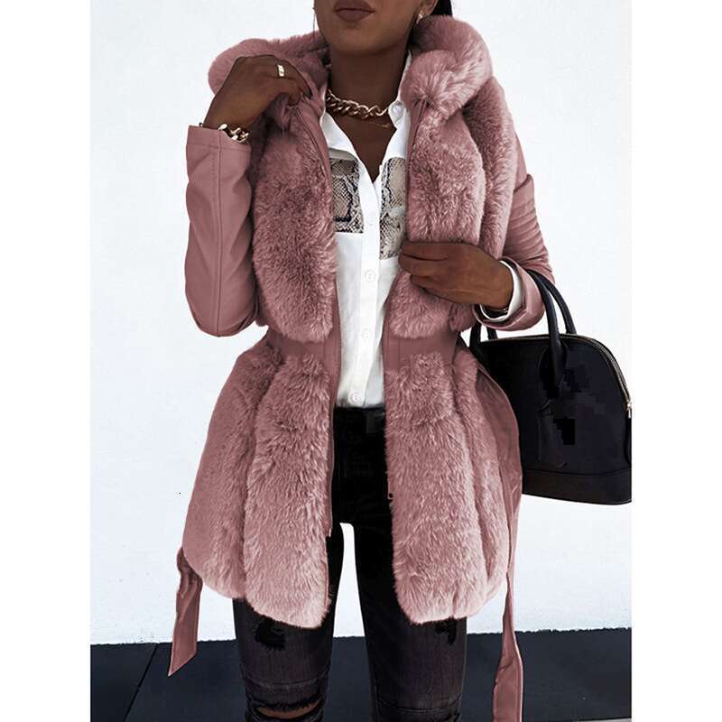 Women's Clothing Hot Selling New Fur Belt Hooded Solid Color Zipper Jacket Women