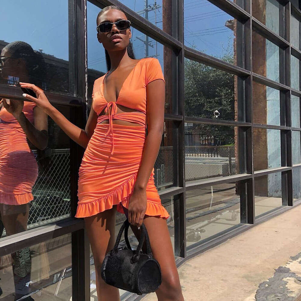 Women's Deep V Neck Hollow Out Ruffled Bodycon Sexy Dress B5