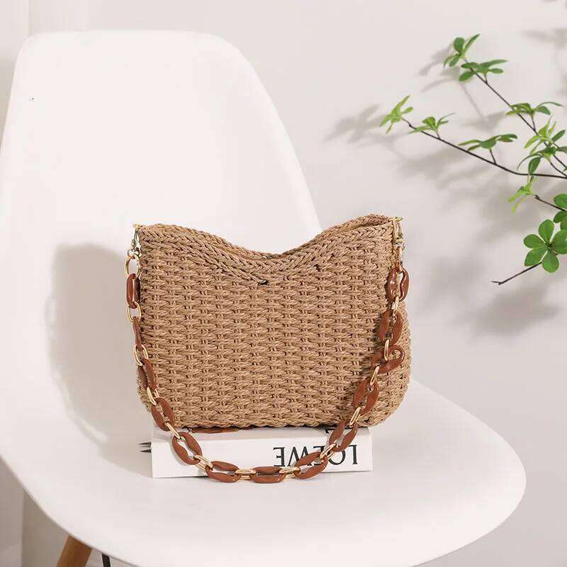 Luxury designer summer fashion hand-woven chain tote bag straw large capacity leisure beach raffia bag vinegar ladies shoulder help