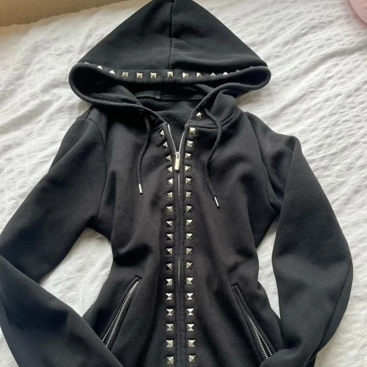 Y2K Emo Fashion Rivet Zipper Hoodie Women Harajuku Black Oversized Gothic Retro Classic Sweatshirt Autumn Clothing 250730