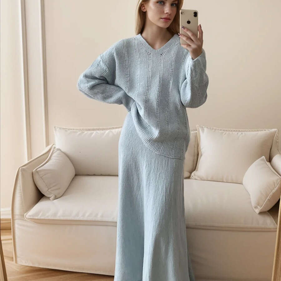 Loose Knit Set For Women Autumn Winter New Round Neck Sweater + Mermaid Skirt B5
