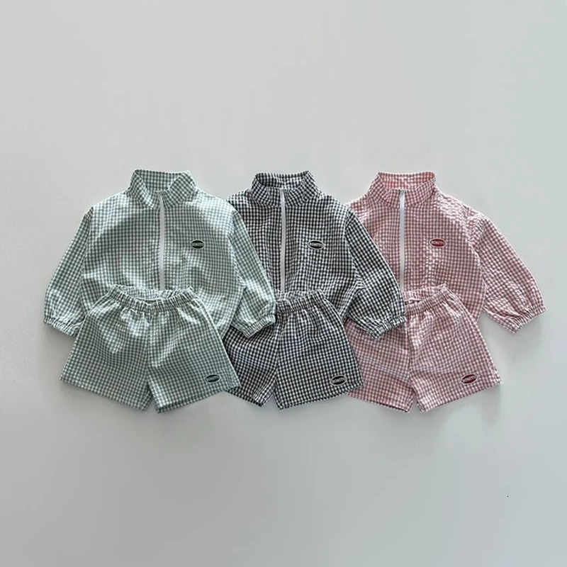 Kids Girls Clothes Sets Summer Korean Short Sleeve Zipper Plaid JacketsShorts Suits Baby Boys Sunscreen Clothing Sets 250729