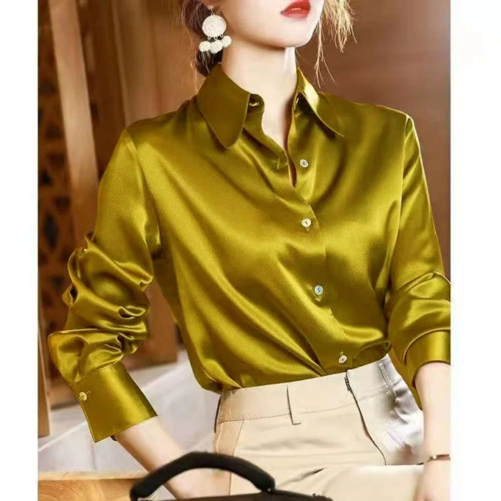 2024 Summer Trend Fashion Womens Casual Elegant Satin Long Sleeved Shirt Office Shirts And Blouses Slim Femal Clothes 250724
