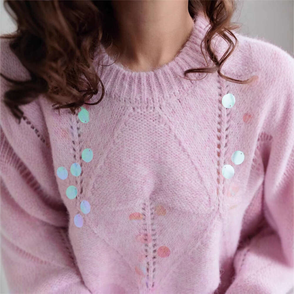 French Style Sequin Hollow Soft Sweater Knitwear For Women Autumn Winter Heavy Craft Design Niche Lazy Loose Top B5 h6