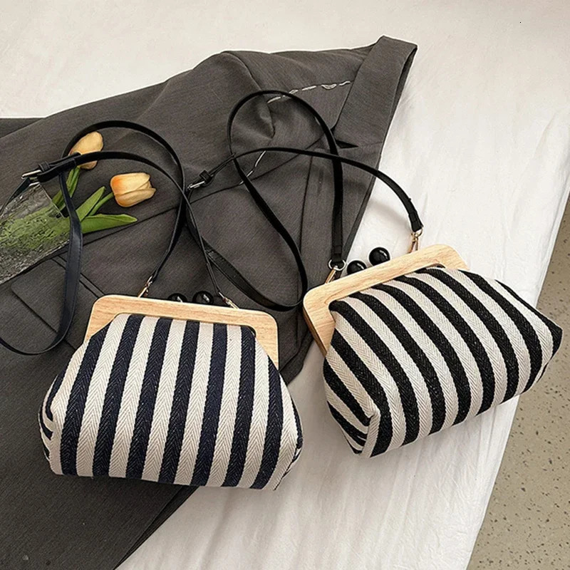Retro Striped Wooden Clip Shell Bags for Women Messenger Bag Canvas Bead Shoulder Crossbody Ladies Clutch Purse Bolsa Mujer 250725