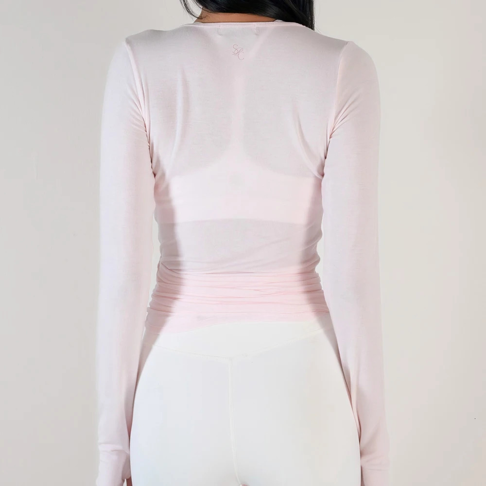 Women Sexy Wrap Crop Tops Tees Long Sleeve Deep V Neck Tie Workout Ballet Pilates Yoga TShirts with Thumb Holes Cropped Tops 250729