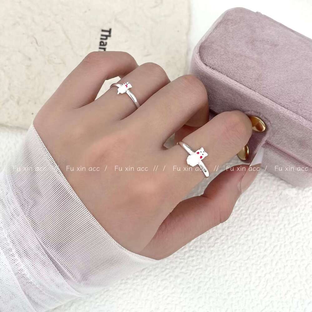 Maltese Red Bow West Highland Dog Light Luxury Small Exquisite Open Ring High-end Jewelry a52