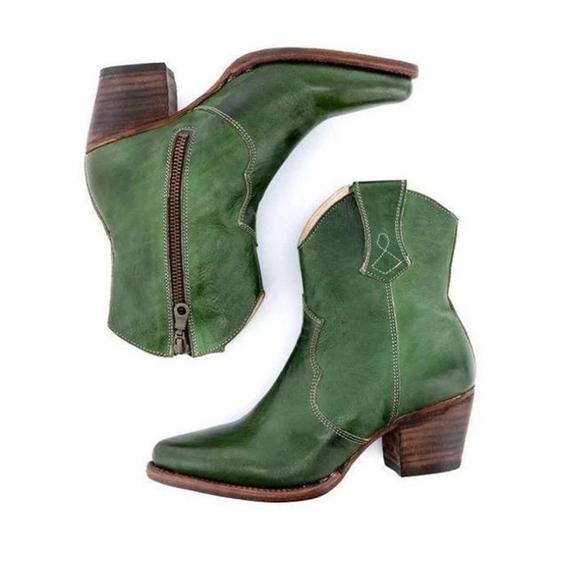 Womens Round Head Ethnic Leather Boot with Side Zipper - Thick Sole for Comfortable High Walk