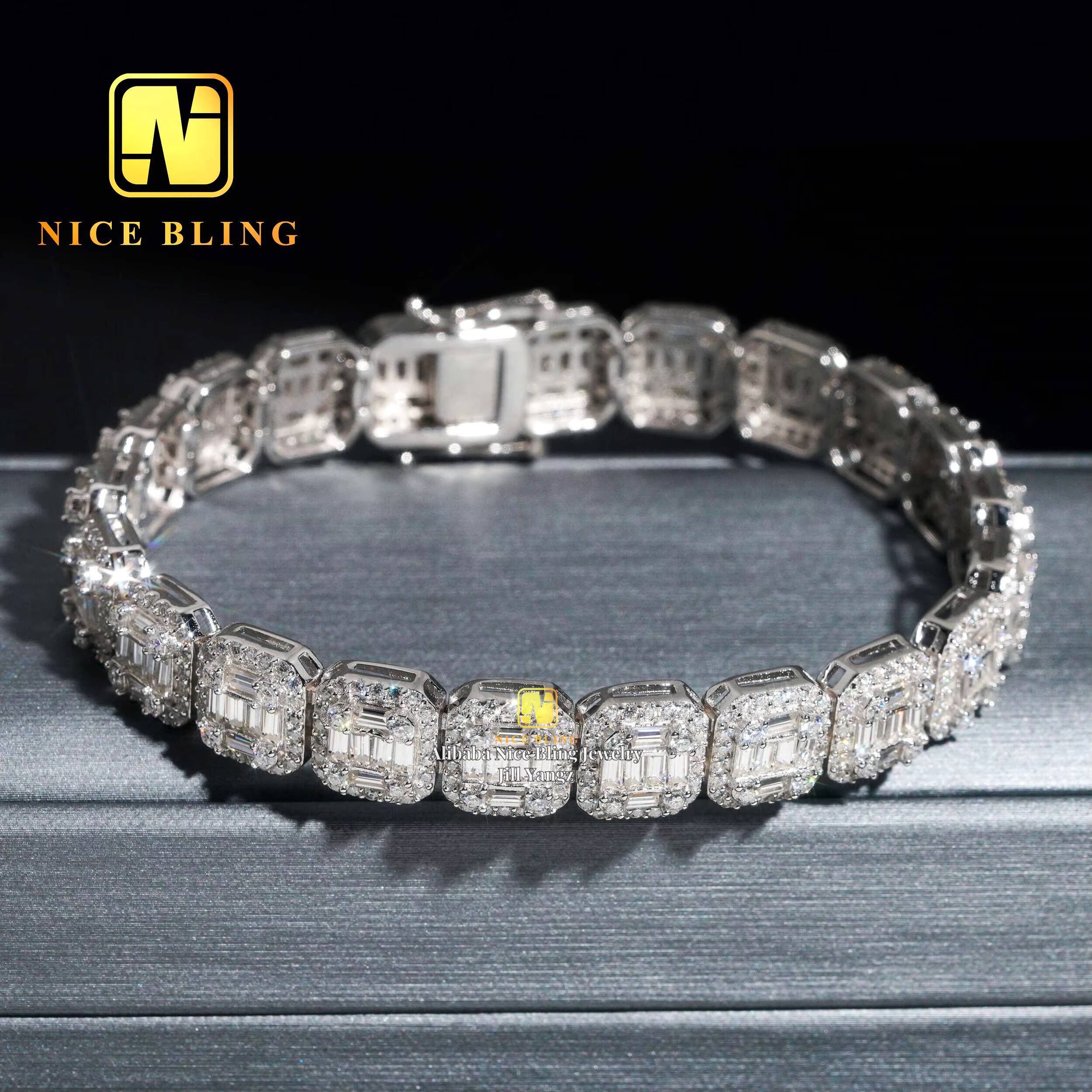 Nice Bling Jewelry Baguette Moissanite Cuban Bracelet Hip Hop Rock Moissanite Cuban Chain 925 Silver