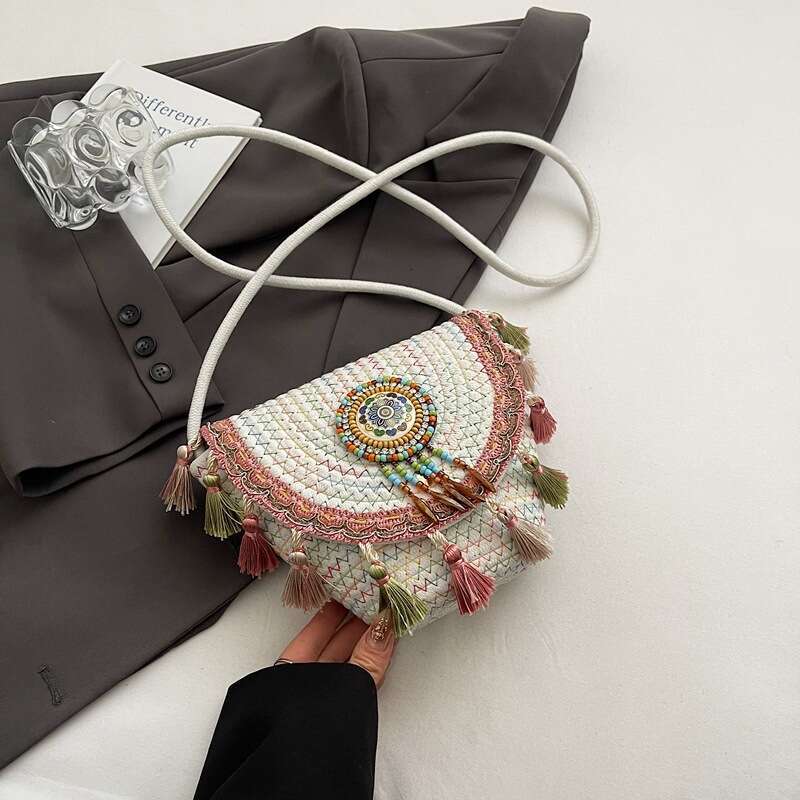 Tassel Chinese Ethnic Style Niche Design for Women Large Capacity Straw Beach Single Shoulder Crossbody Bag Trendy