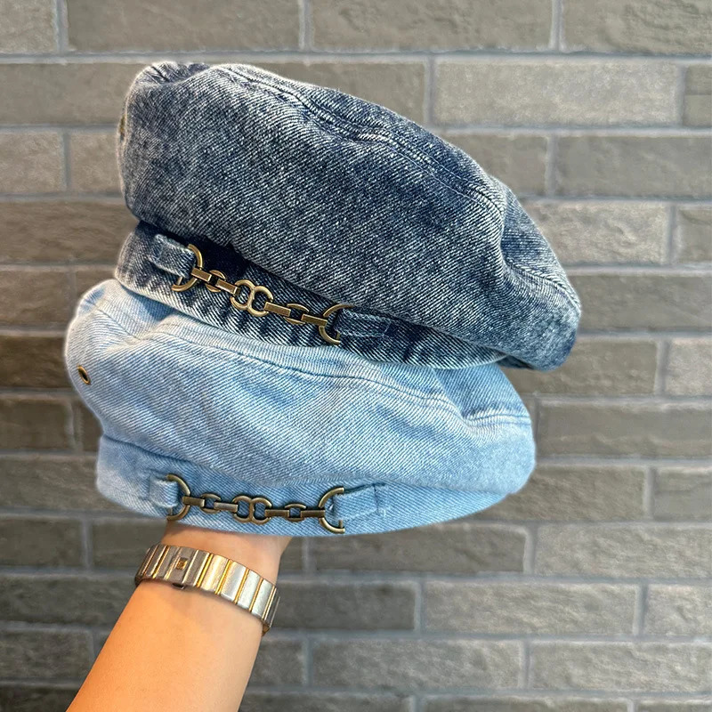 Denim French Style Hat Chain Beret Childrens Outdoor Pumpkin Hat Versatile Hat Big Head Circumference Painter Hat 250729