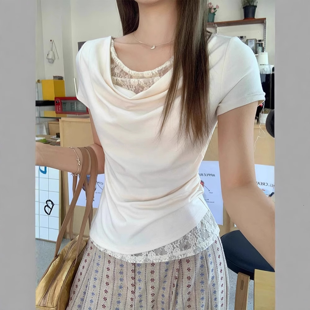 2025 new lace patch fake two-piece short sleeved T-shirt for women's S summer design sense ruffled off shoulder top, new designer T-shirt