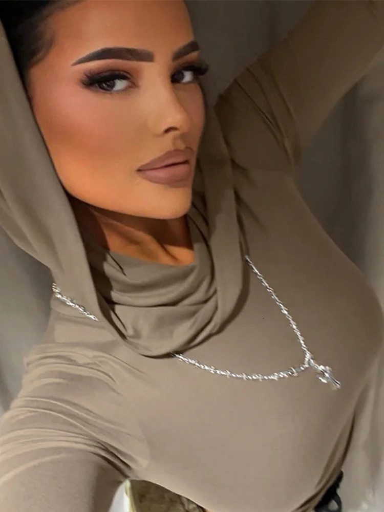 Womens Hooded Crop Tops Autumn Solid Color Long Sleeve Cowl Neck Slim Fit Short TShirt Streetwear Sporty Basics Tees 250729