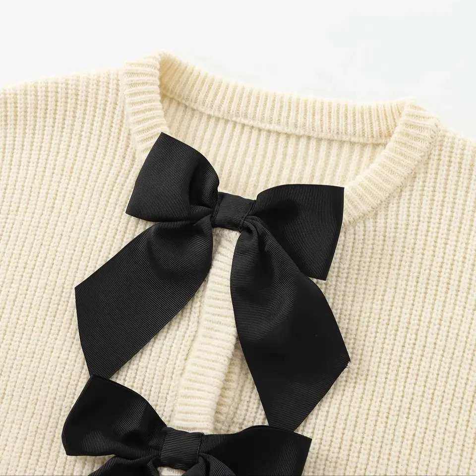 TRAFSHE Women Autumn Casual Cardigans Solid ONeck Long Sleeve Bow Decorate Single Breasted Knitted Sweaters 1255053 250730