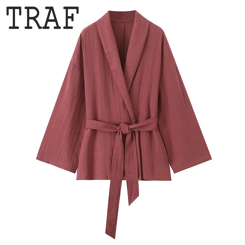 TRAF Women 2 Pieces Sets With Belt Kimono Style Coat Top Elastic Waist Long Pants Womens Suit Casual Outfit 250730