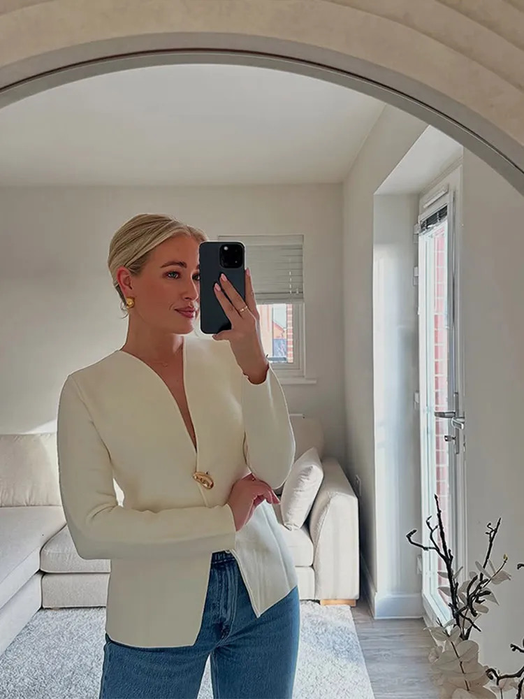 White Knitted Vneck Cardigan Chic Full Sleeve One Button Loose Sweater For Women Lady Autumn Daily Commute Office Overcoat 250730