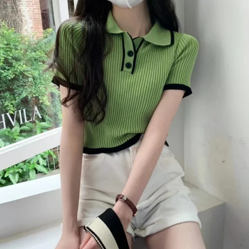 Contrast Color Polo Collar Shoulder Knitted Short Sleeves Tshirt Womens Summer SlimFitting n Sense Niche Short Tops 250724