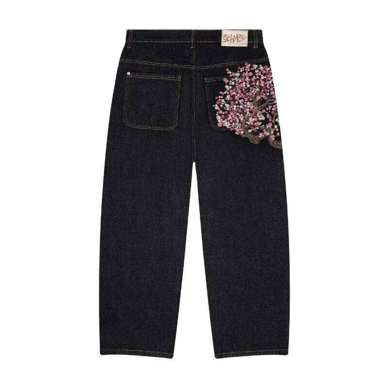 Y2k Baggy Jeans Cherry Blossom Seedge Embroidery Denim Pants Men Women Denim Fabric American Hiphop Streetwear Wide Leg Jeans