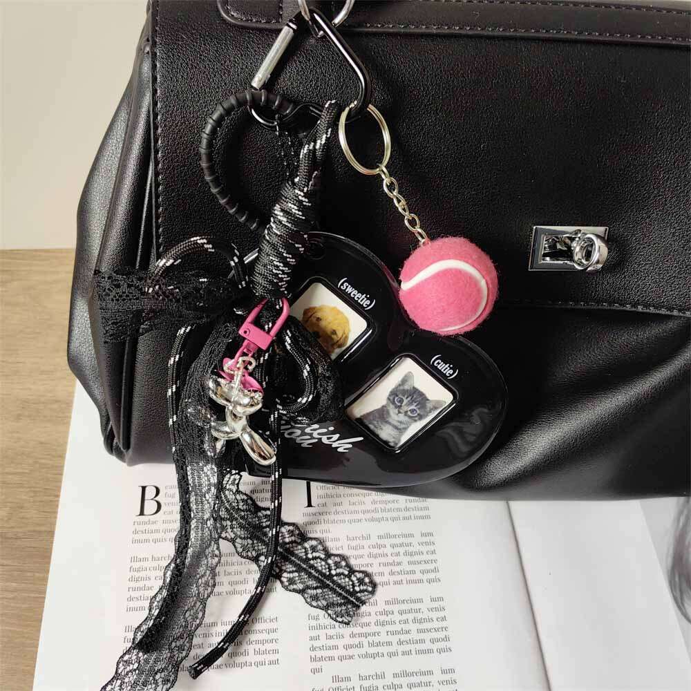 INS Black Heart Card Holder Silver Balloon Dog Keychain Lace Braided Rope Girl Bag Pendant