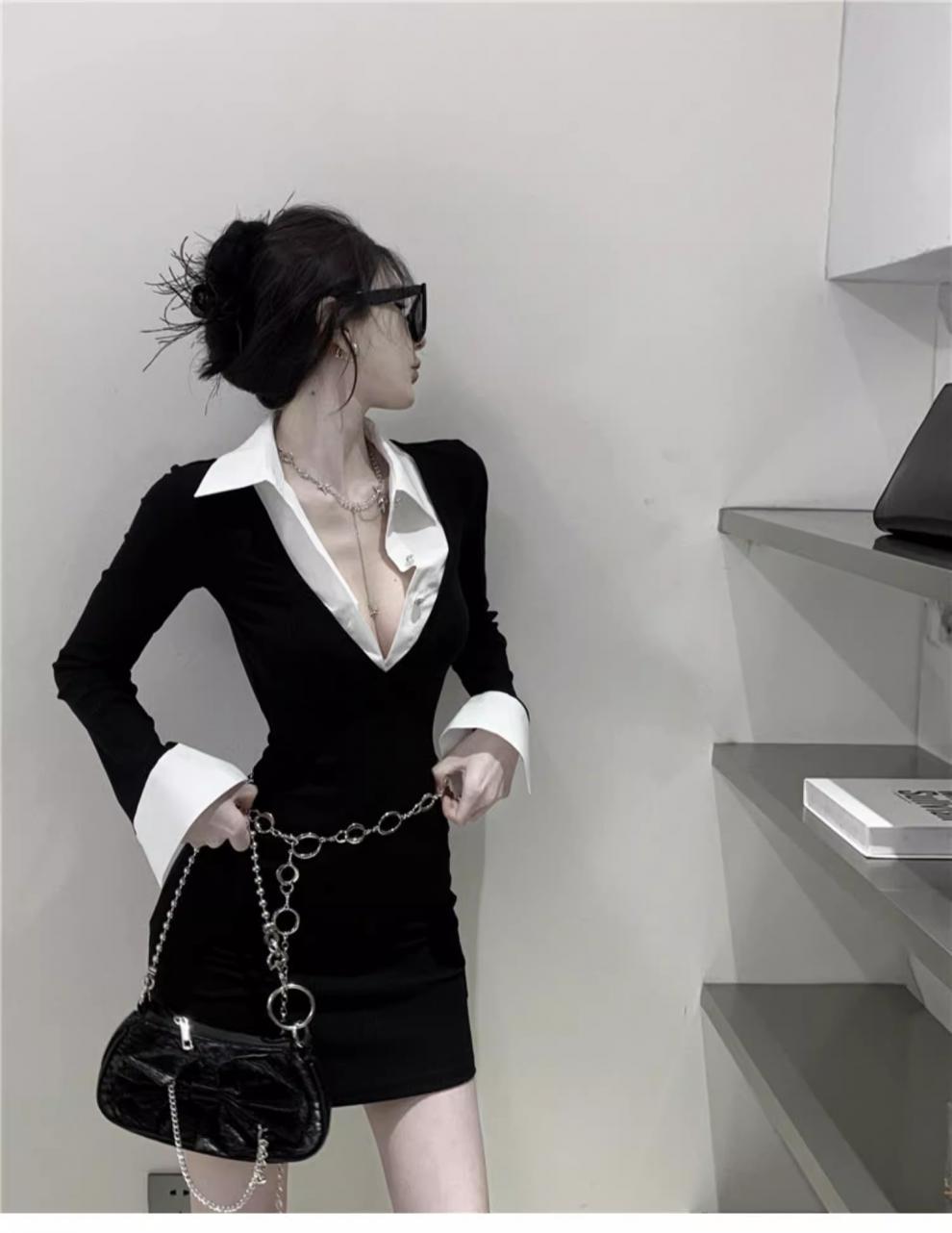 Pure Desire Style Sexy Fake Two Piece Shirts Long sleeved V-neck Dress Spring and Autumn Dress Spicy Girl Wrapped Hip Short Skir